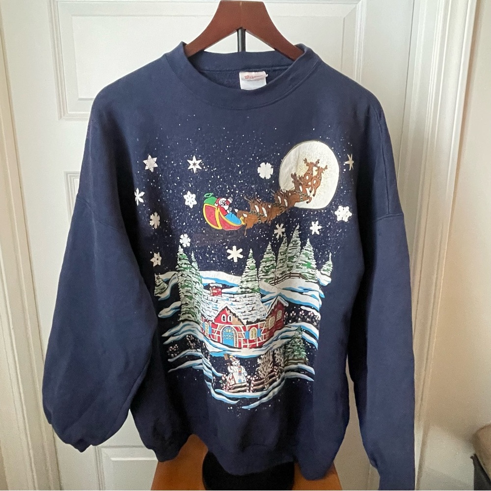 Vintage Christmas Santa Reindeer Sweatshirt Cotton Holiday Unisex 2XL Nostalgic